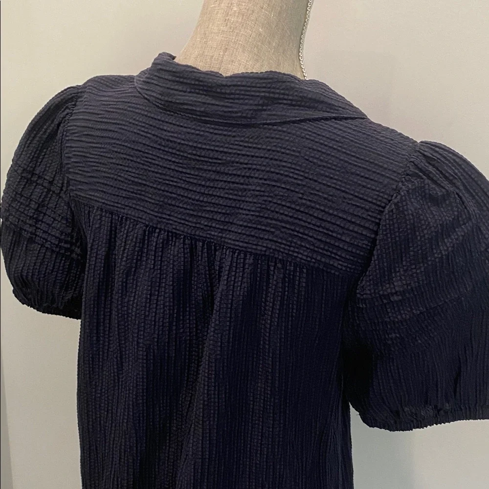 Hudson North Linen Puff Sleeve Blouse Navy Blue Textured Top Size Medium - Picture 9 of 16